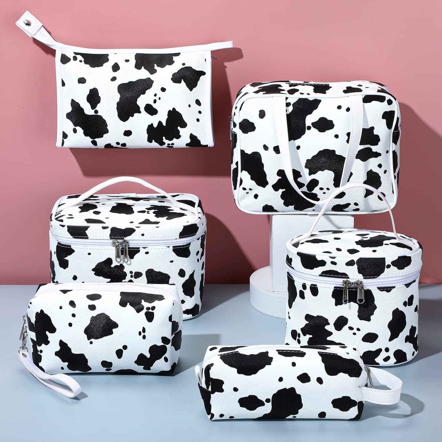 6 Pieces Makeup Bag Set Travel Cosmetic Bag Cow Print Toiletry Pouch Gifts for Women Organizer with zipper Portable Cute Make up Case PU Leather Washable Waterproof
