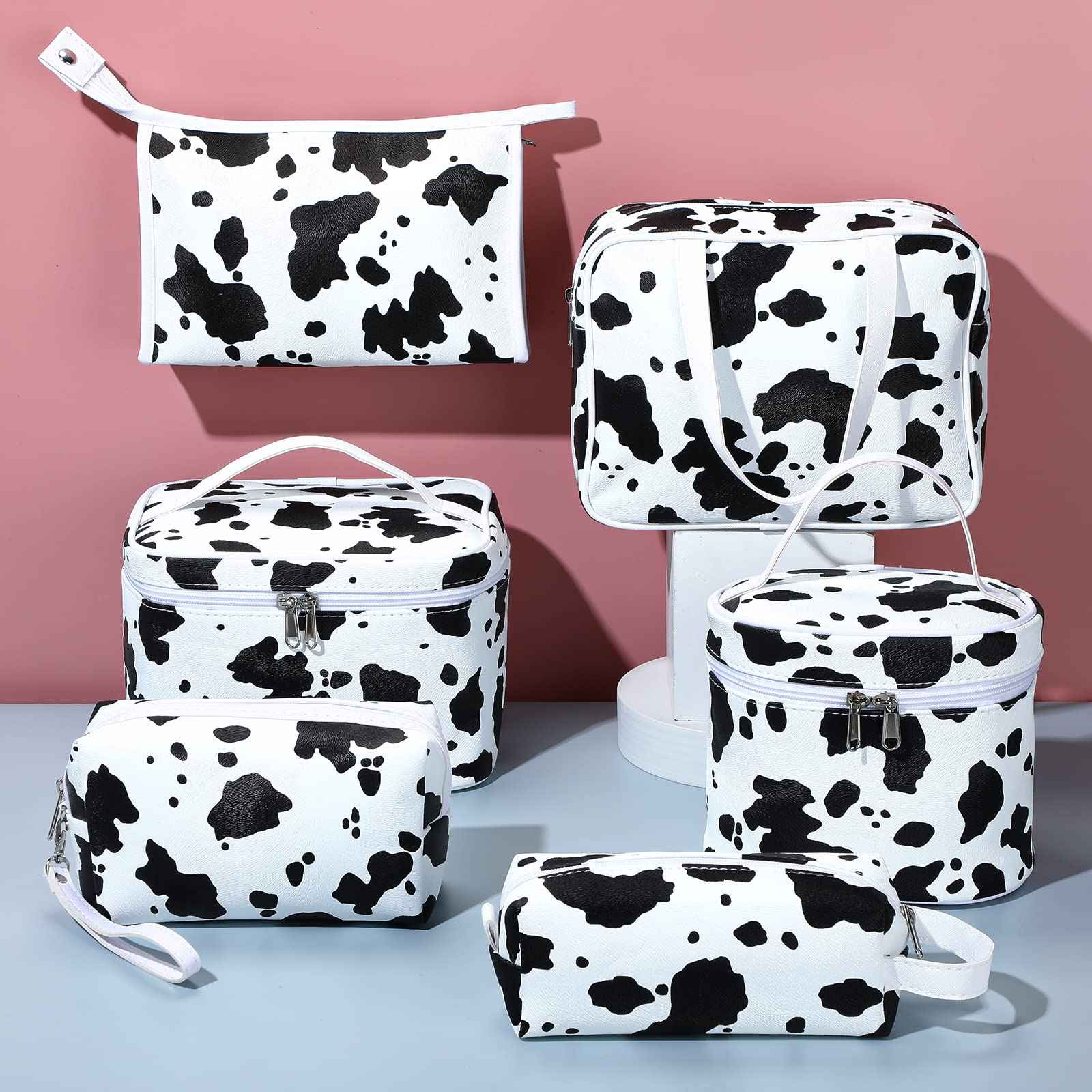 6 Pieces Makeup Bag Set Travel Cosmetic Bag Cow Print Toiletry Pouch Gifts for Women Organizer with zipper Portable Cute Make up Case PU Leather Washable Waterproof
