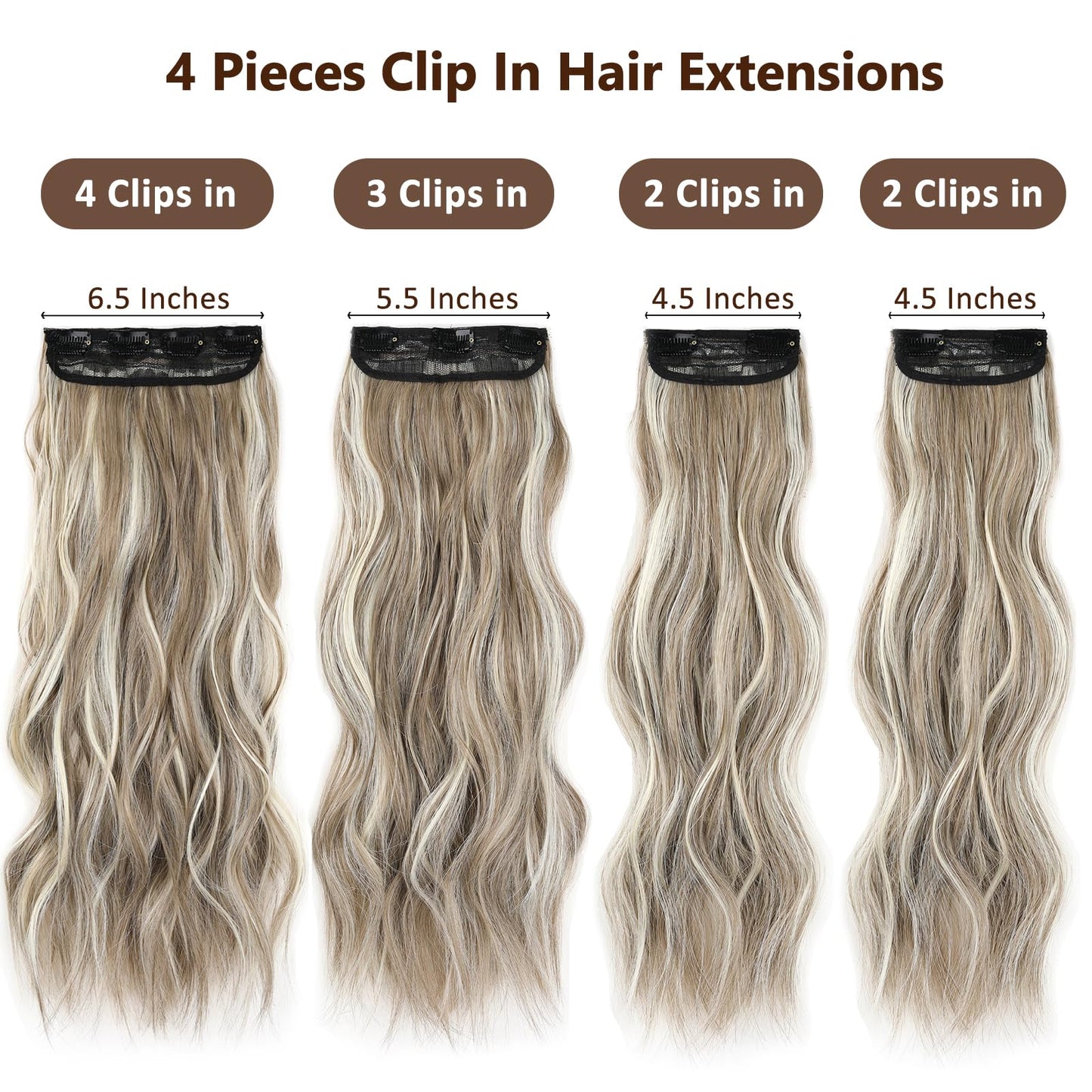 ZRQ Clip in Hair Extensions 20 In Long Wavy Ash Brown with BlondeHair Extensions Clip in 4Pcs Thick Soft Synthetic Clip in Hairpieces for Women Girls #12H613