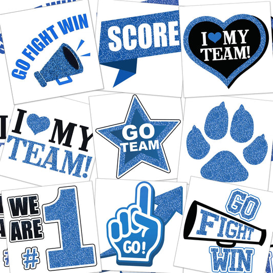 Colarr 180 Pcs Team Spirit Temporary Tattoo 2", 1.5" Face Body Paw Go Team Cheer Tattoo Removable Glitter School Spirit Stickers for Classroom Cheerleading Teams Carnival Sports Games (Blue, Black)