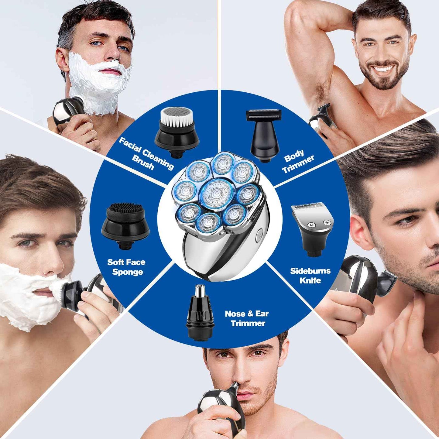 Upgrade Head Shavers for Bald Men,Head Shaver 9D, 6-in-1 Electric Razor Grooming Kit with Nose Hair Trimmer, Waterproof Wet/Dry Shaver, LED Display, Rechargeable Bald Head Razor, Gift for Men