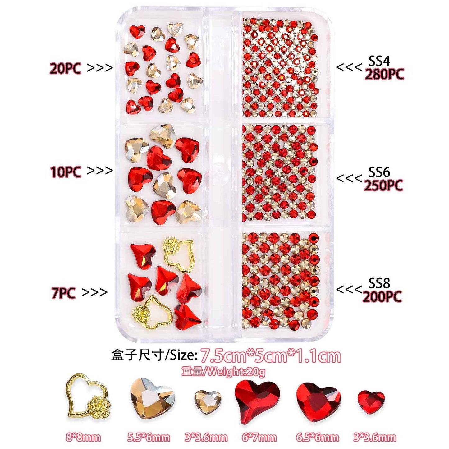 767pcs Red Heart Nail Art Charms Love Gems Glitter Valentines Decoration 3D Red Gold Round Beads Flatback Diamonds Design Rose Nail Studs Jewel Craft Clothes Shoes Supplies for Women