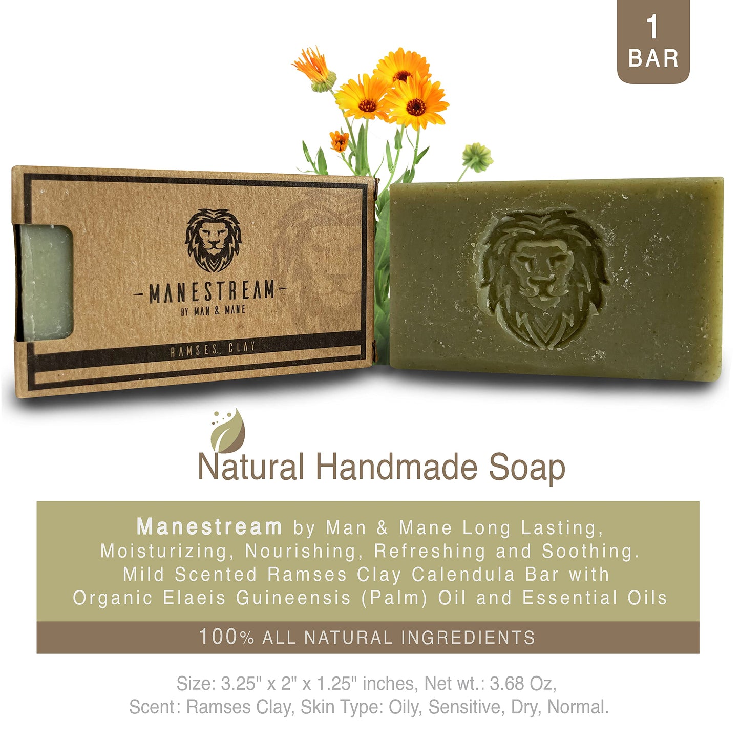 MAN & MANE Manestream Long Lasting, Mild Scented Geranium French Clay Bar with Coconut, Olive, Palm Oils, Natural Handmade Soap