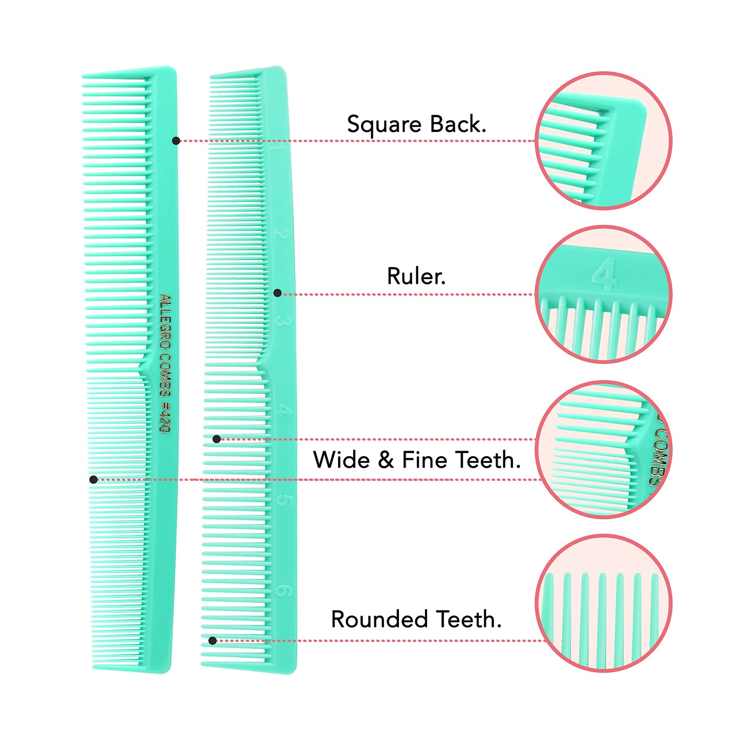 Allegro Combs 420 Hair Stylist Barbers Cutting Combs Beard Comb Mustache Mens Women Toddler Boys Braiding Hair Parting USA 3 Pc. (Fresh mint)