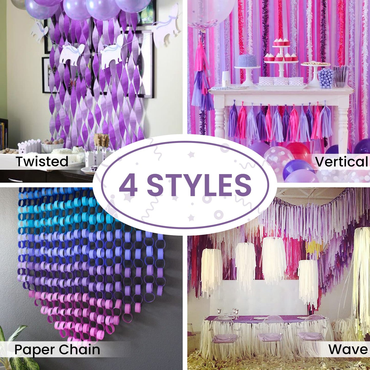 PartyWoo Crepe Paper Streamers 6 Rolls 492ft, Pack of Metallic Silver, Lavender, Purple, Pastel Pink, Pink, White Crepe Paper for Birthday Decorations, Baby Shower Decorations (1.8 Inch x 82 Ft/Roll)