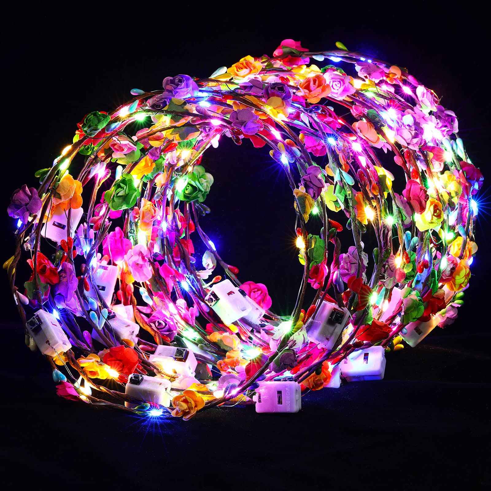 Syhood 40 Pcs LED Flower Headband, Light up Flower Crown Garland Headdress Floral Headpiece for Women Hair Accessories Bridal Shower Holiday Birthday Wedding Party(Plum Blossom Style)