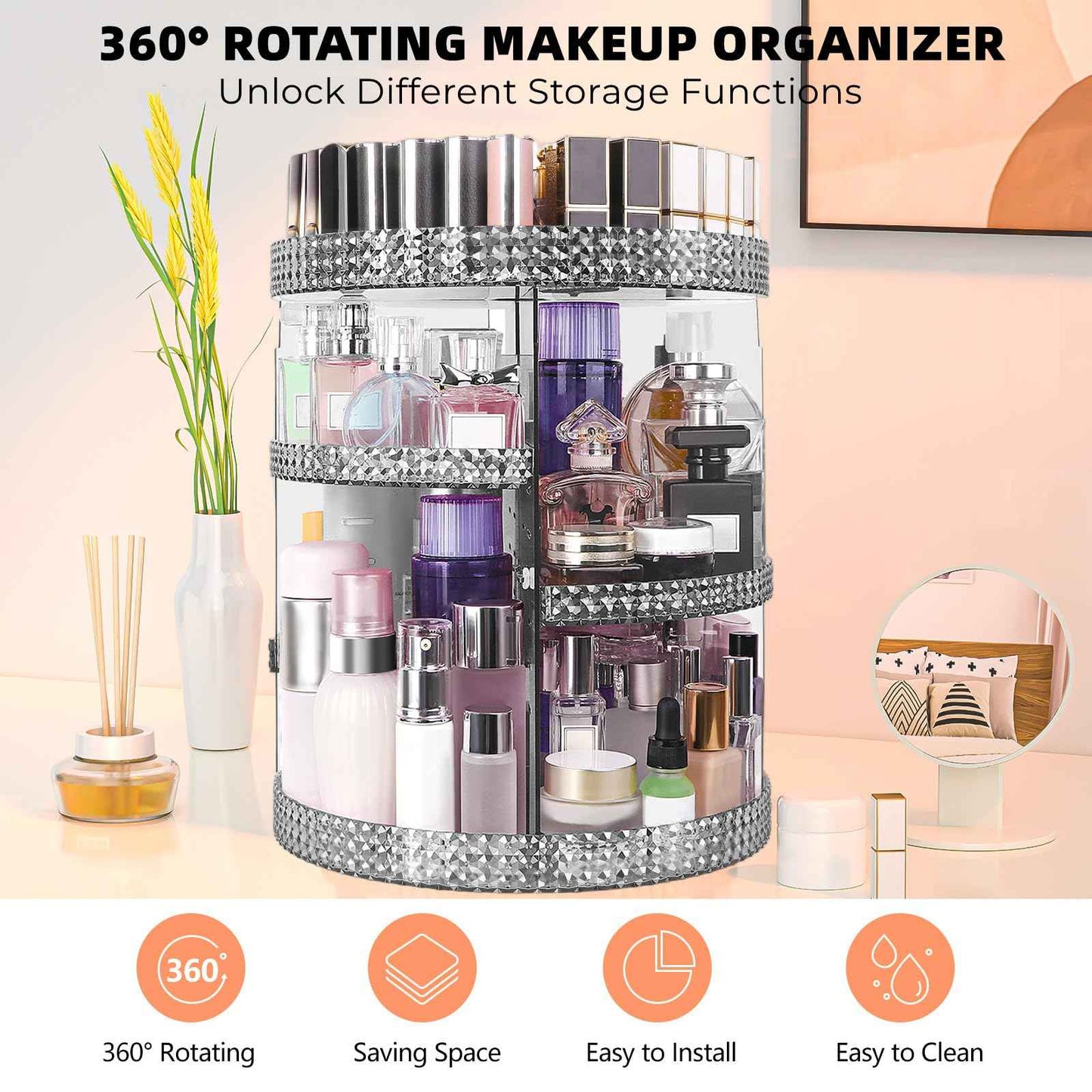 HEMTROY 360 Degree Rotating Makeup Organizer, Extra Large Capacity Cosmetic Storage Unit, Removable DIY 7 Layers Skincare Organizer, Acrylic Beauty Perfume Organizer for Vanity Countertop (Gray)