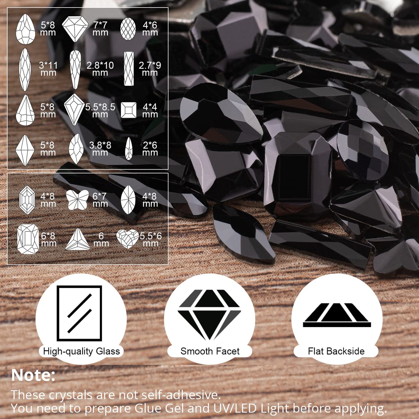 18 Styles Multi-Shaped Glass Gemstones for Nails and 6 Sizes Round Crystal Rhinestones Kit #4, Black Nail Art Charm Bead Manicure Decoration with Pickup Pencil and Tweezer