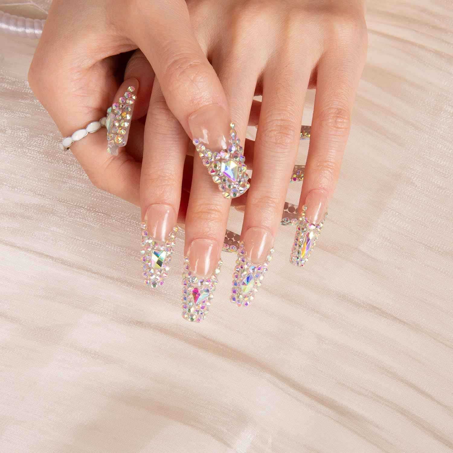 LOVFUL Press on Nails Angel's Tear Rhinestone | Handmade with Full Covered Crystals | Reusable Full Cover Nails | Coffin Classic Regular 1.3 in | H48-M