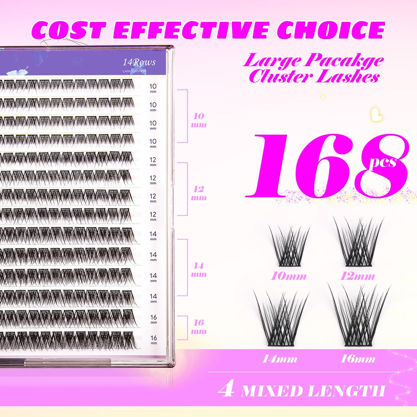 GAQQI Lash Clusters, Eyelash Clusters C Curl Cluster Lashes 168PCS 10-16MM, Wispy Individual Lashes Natural Cluster Eyelash Extensions (GQ03,10-16mm, C Curl)