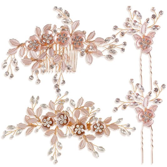 4 Pieces Bridal Rose Gold Hair Pin Wedding Hair Accessories Light Rose Gold Wedding Hair Comb Clips Rhinestone Hair Pins Hair Side Comb Crystal Flower Leaves Hair Barrette for Brides and Bridesmaids