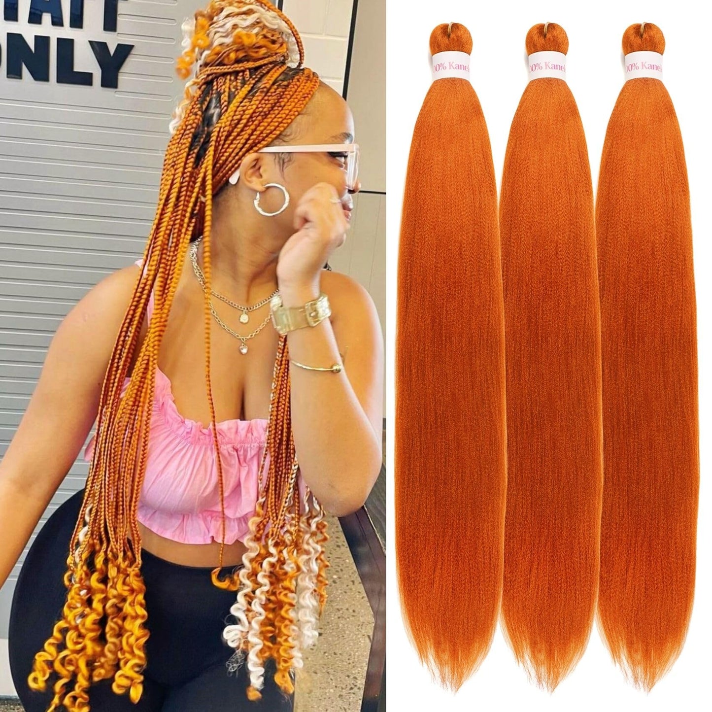 Gozill Ginger Orange Kanekalon Braiding Hair Pre Stretched 26 Inch Hypoallergenic Synthetic Braiding Hair for Knotless Box Braids (26Inch, Pack of 3)