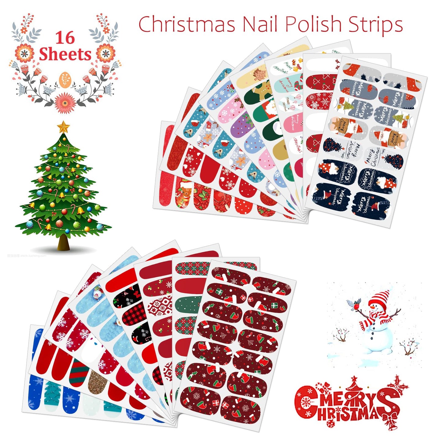 JERCLITY 224 Pieces 16 Sheets Christmas Nail Wraps Self-Adhesive Christmas Nail Polish Strips Santa Claus Snowflake Snowman Nail Strips Nail Stickers Full Nail Wraps for Women Nail Art