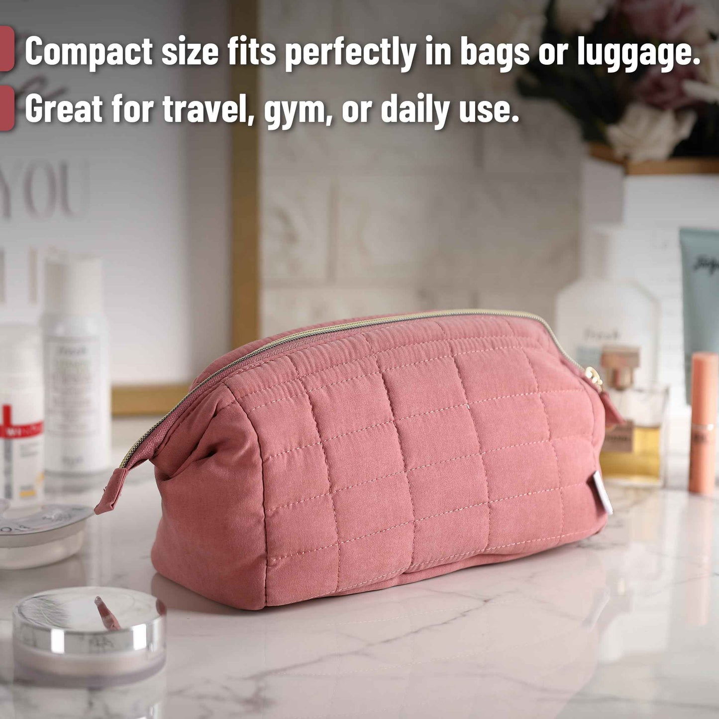 Ms. pen- Aesthetic Quilted Makeup Bag for Women, Muted Rose, Puffy Padded Cute Makeup Bag Cute, Cosmetic Pouch, Quilted Pouch