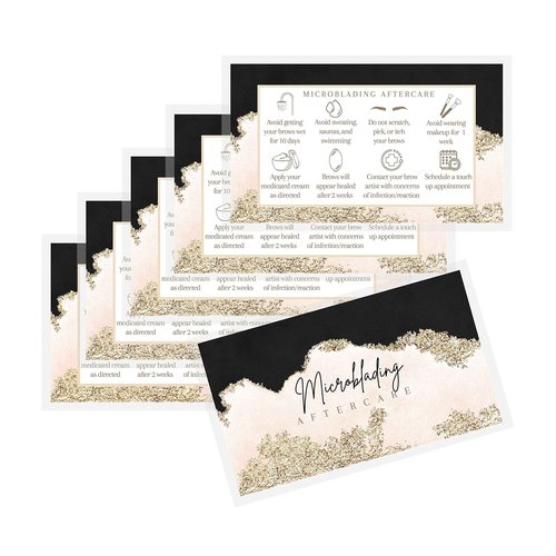 Boutique Marketing LLC Microblading Aftercare Cards | 50 Pack | Size 2x3.5 inches Business Card | PMU Pink, Black, and Gold Design