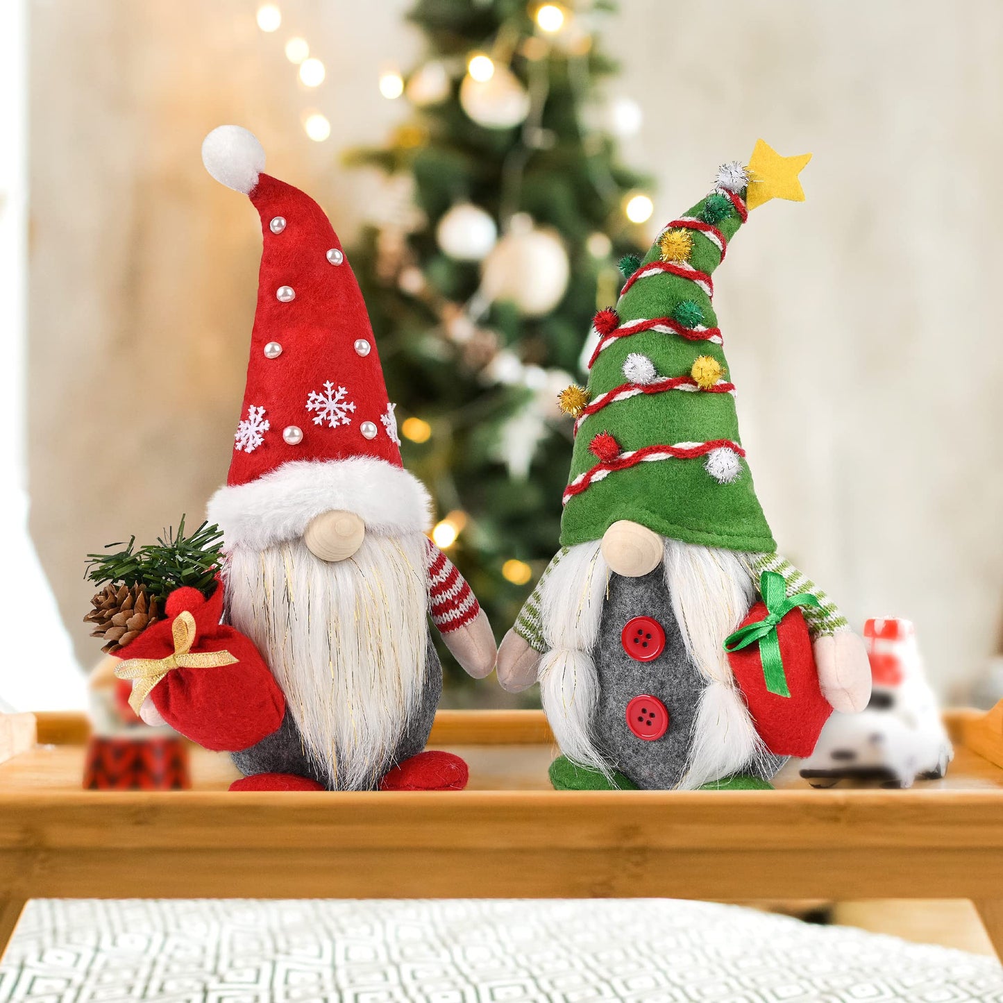 D-FantiX Christmas Gnomes Decorations, 2PCS Handmade Swedish Tomte Xmas Gnomes Plush Ornaments, Scandinavian Santa Figurines with Pine Cone Gift, Elf Doll Christmas Table Home Decorations(12 in)