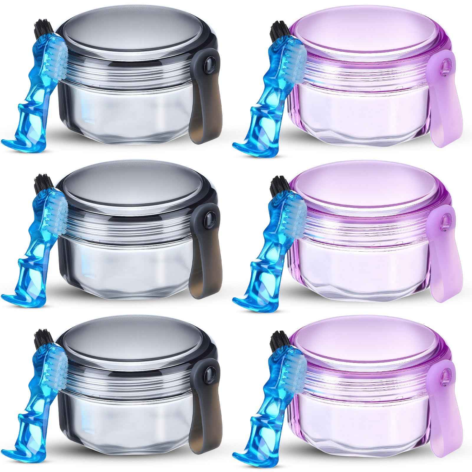 Sieral 6 Pcs Denture Case, Leak Proof Denture Bath Cup for Travel, False Teeth Container Cups for Soaking Full & Partial Dentures, Retainers, False Teeth Cleaning Kit Holder Box with Cleaner Brush