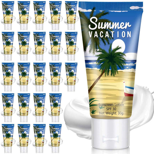 Dansib 24 Pcs Mini Sunscreen Bulk for Summer Wedding Party Spf 30 Water Resistant Sunscreen Lotion Bulk 1oz Travel Size for Thank You Gifts Wedding Party Supplies(White Cream,Vacation)