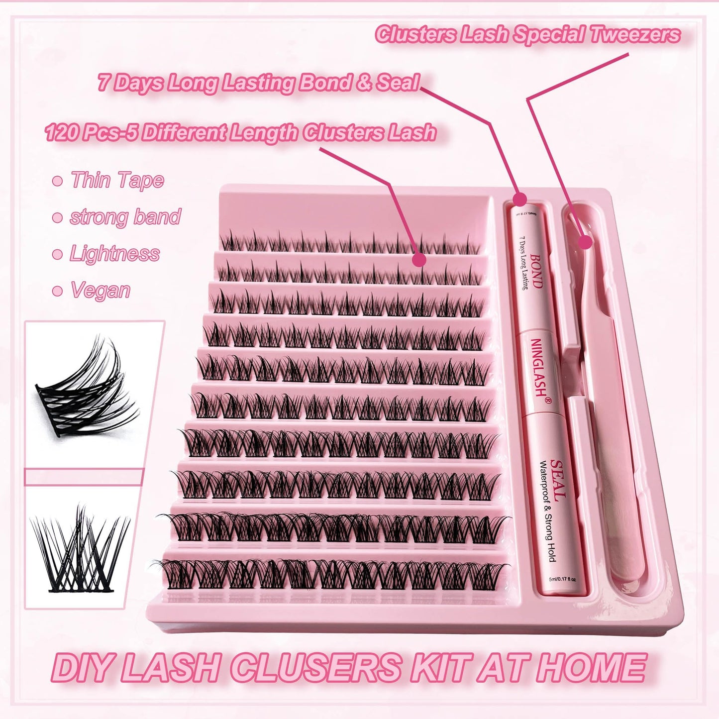 Lash Extension Kit 120 Pcs Lash Clusters with 7 Days Long Lasting Bond and Seal 8-16mm D Curl Wispy Eyelash Extension Kit at Home Lash Tweezers for Lash Clusters