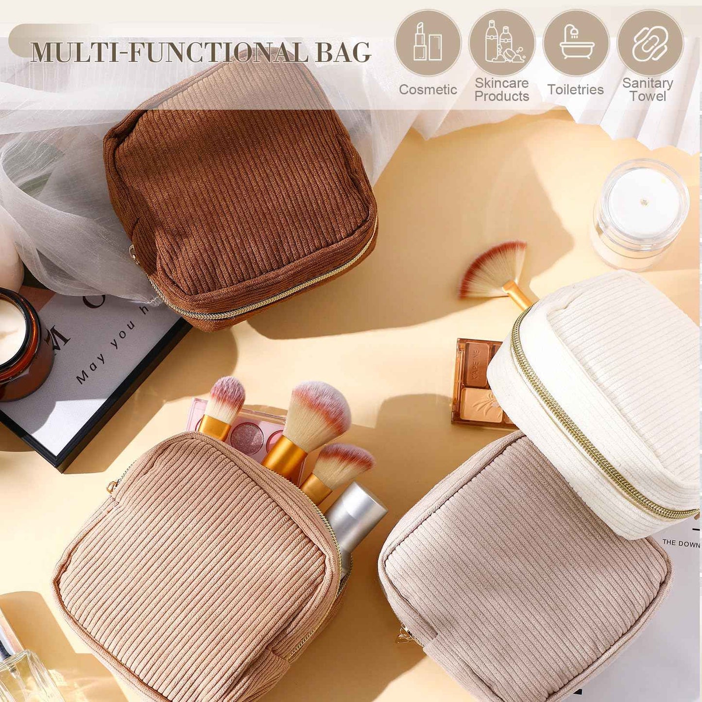 Dansydaisy 4 Pcs Sanitary Napkin Storage Bag Brown Corduroy Period Christmas Bag for Gift School Teen Mini Makeup Preppy Cosmetic Wallet Set for Women Portable First Period Cute Pad Pouch with Zipper