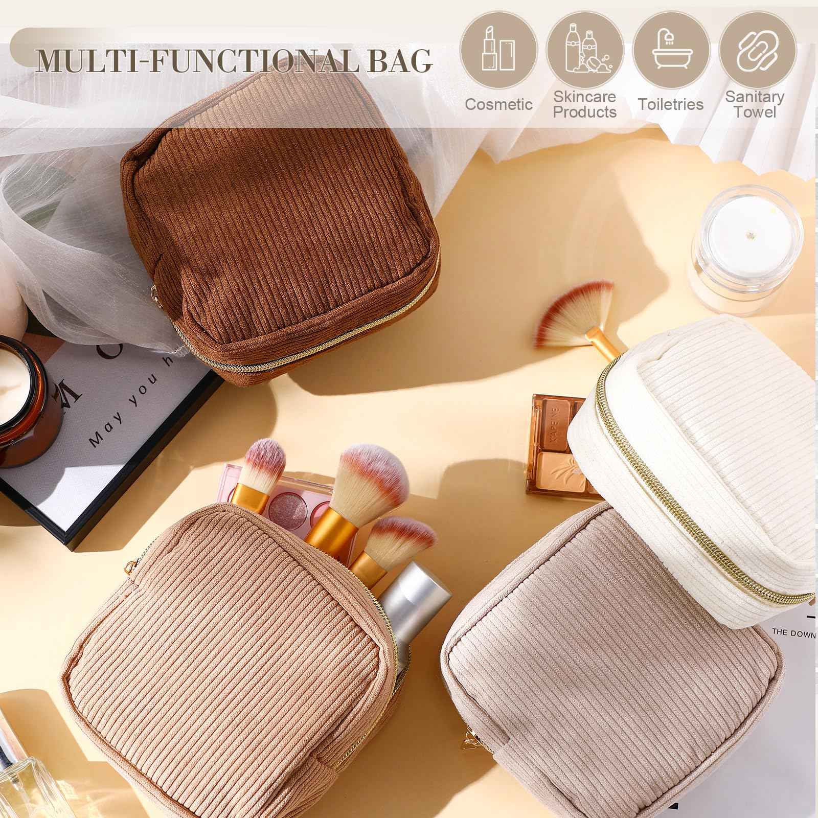 Dansydaisy 4 Pcs Sanitary Napkin Storage Bag Brown Corduroy Period Christmas Bag for Gift School Teen Mini Makeup Preppy Cosmetic Wallet Set for Women Portable First Period Cute Pad Pouch with Zipper