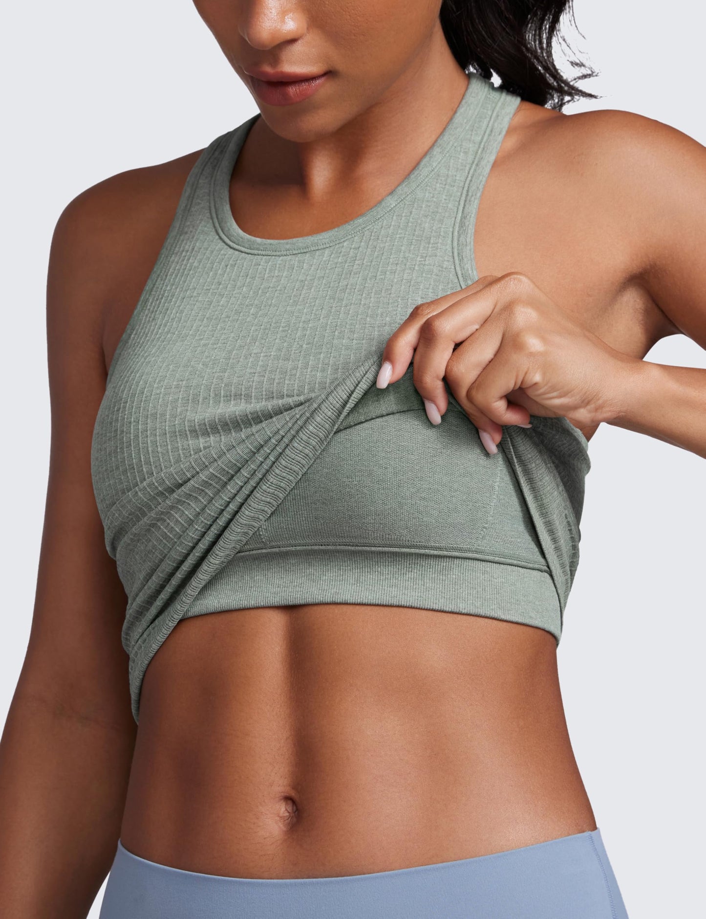 CRZ YOGA Womens Seamless Ribbed Longline High Neck Sports Bra - Racerback Padded Slim Fit Crop Tank Top with Built in Bra Dark Green Heather XX-Small