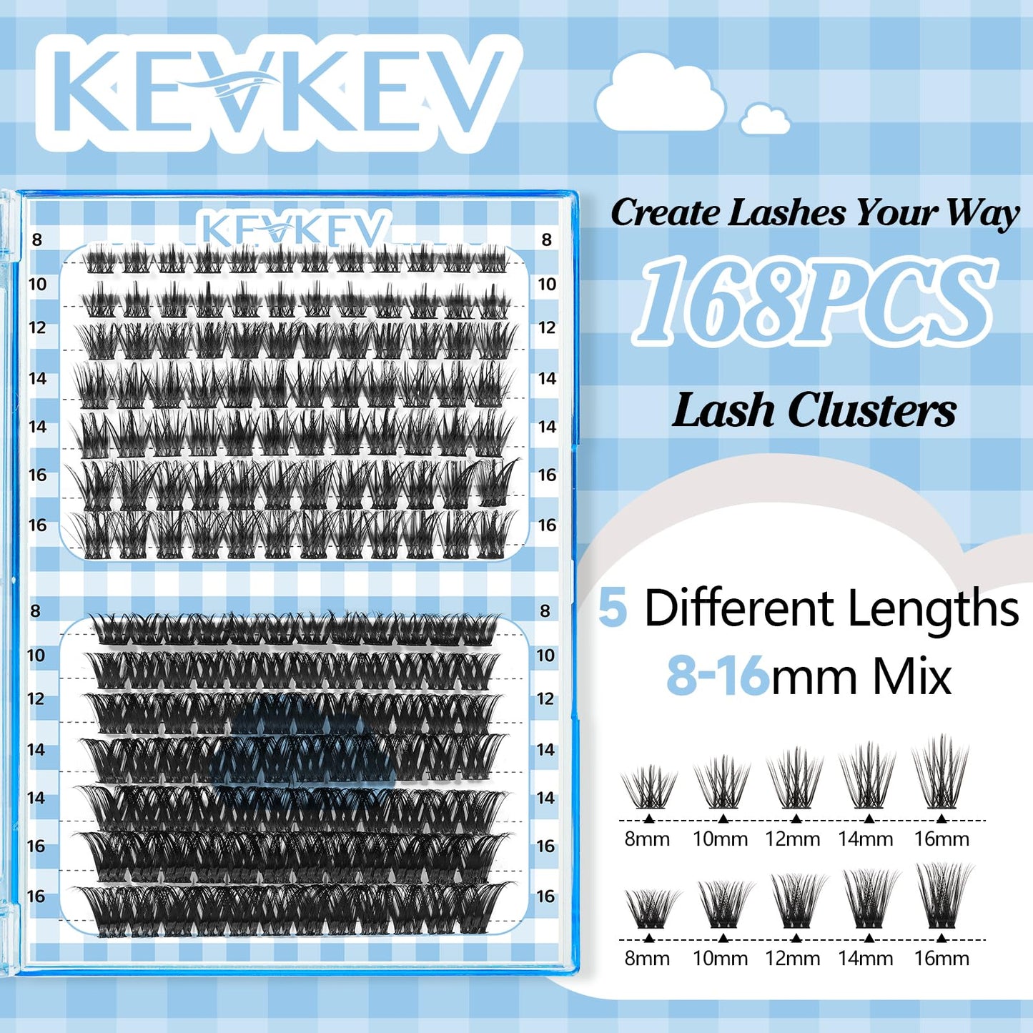 KevKev Lash Clusters 168 Pcs Cluster Lashes DIY Lash Extensions Mixed Styles Individual Lashes Eyelash Clusters Thin Band & Soft Lashes that Look Like Eyelash Extensions(Cloudy & Cirrus, D-8-16mix)