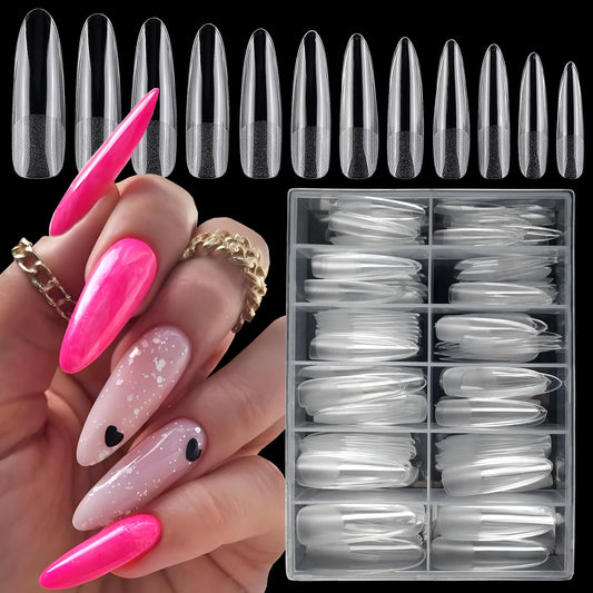 LoveOurHome 240pc XXL Almond Gel x Nail Tips Extra Long Clear Stiletto Oval Fake Nails 12 Sizes Full Cover Artificial False Nails Tips for Acrylic Nail Gel x Tips Extension Press on Nails Making