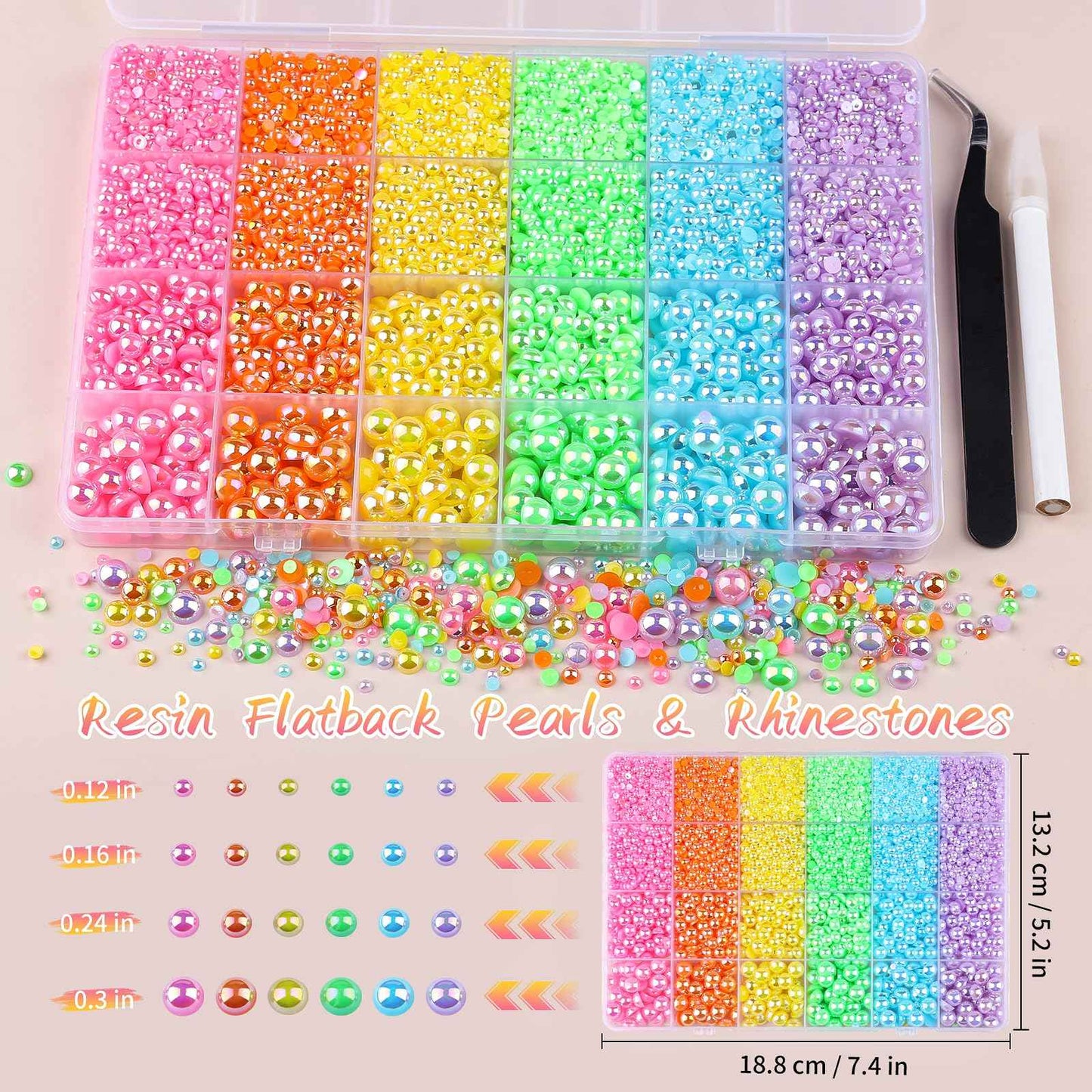 Kikonoke 8500PCS Rainbow Flatback Pearls Set, 3/4/6/8mm Pink Purple Blue Half Round Pearls Bedazzling Bead with Tweezer and Pickup Pen for Nail Art Wedding Tumbler DIY Crafts