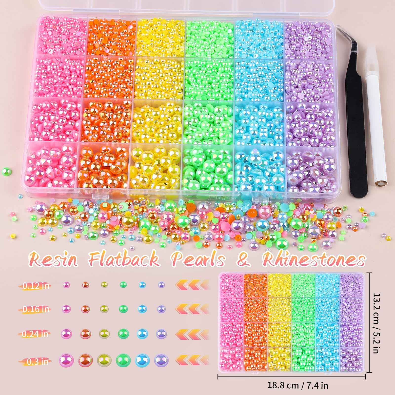 Kikonoke 8500PCS Rainbow Flatback Pearls Set, 3/4/6/8mm Pink Purple Blue Half Round Pearls Bedazzling Bead with Tweezer and Pickup Pen for Nail Art Wedding Tumbler DIY Crafts