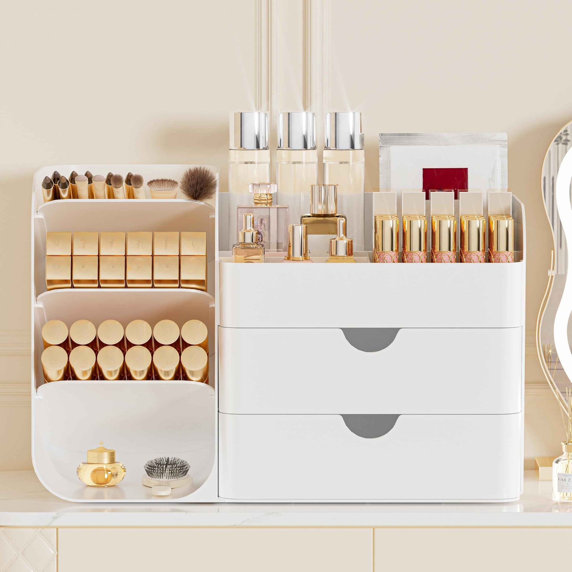 FYABREEK Makeup Organizer with 2 M Drawers & Brush Holders - Cosmetic Storage Case for Vanity, Bathroom Countertop & Desk - Skincare & Office Supplies Organizer (All White, M)