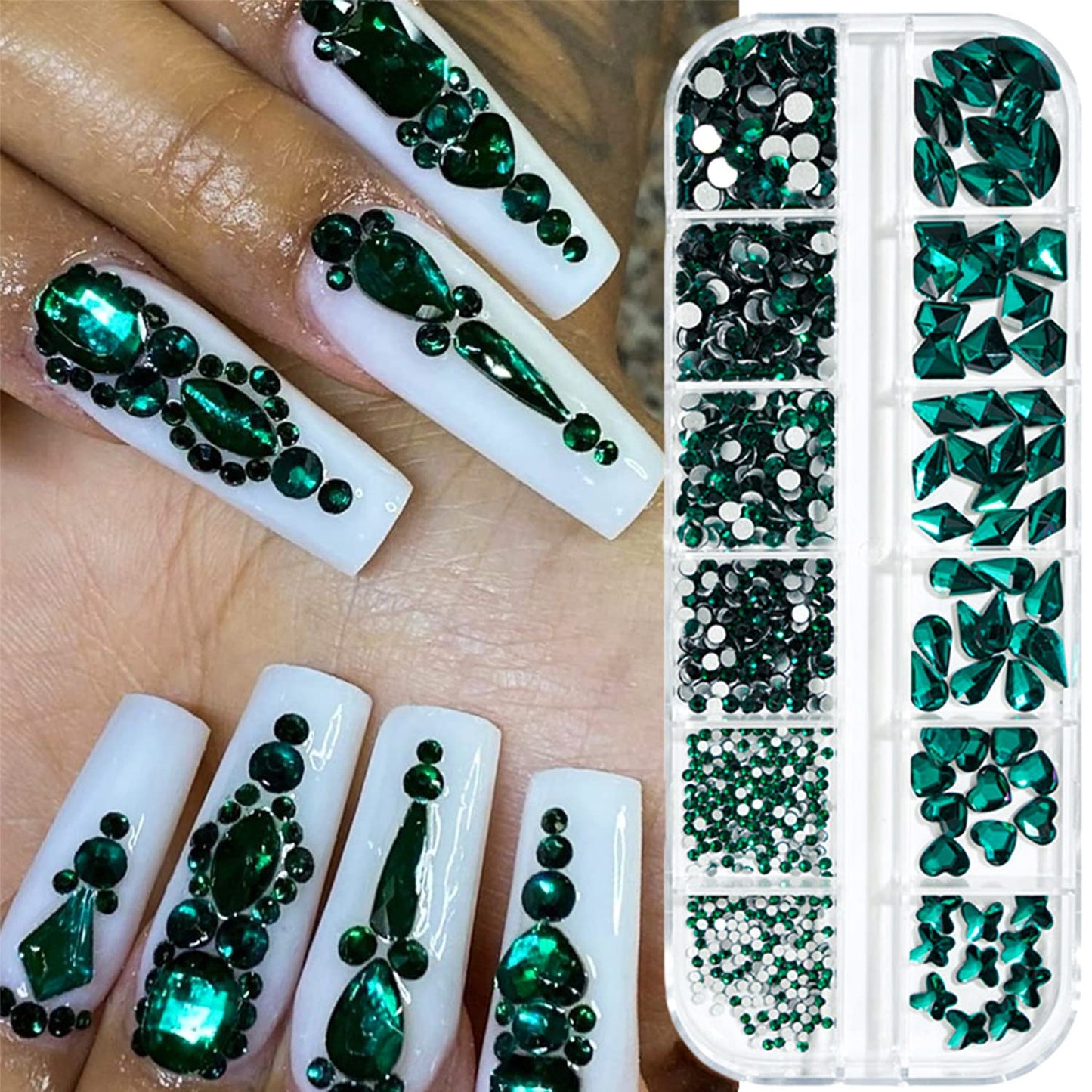 JERCLITY 2430pcs Flat Back Green Nail Rhinestones Blue Nail Rhinestones Red Nail Rhinestones for Nails Round Beads Crystals Gems Stones Multi Shapes Sizes Nail Rhinestones for Acrylic Nail Face Art