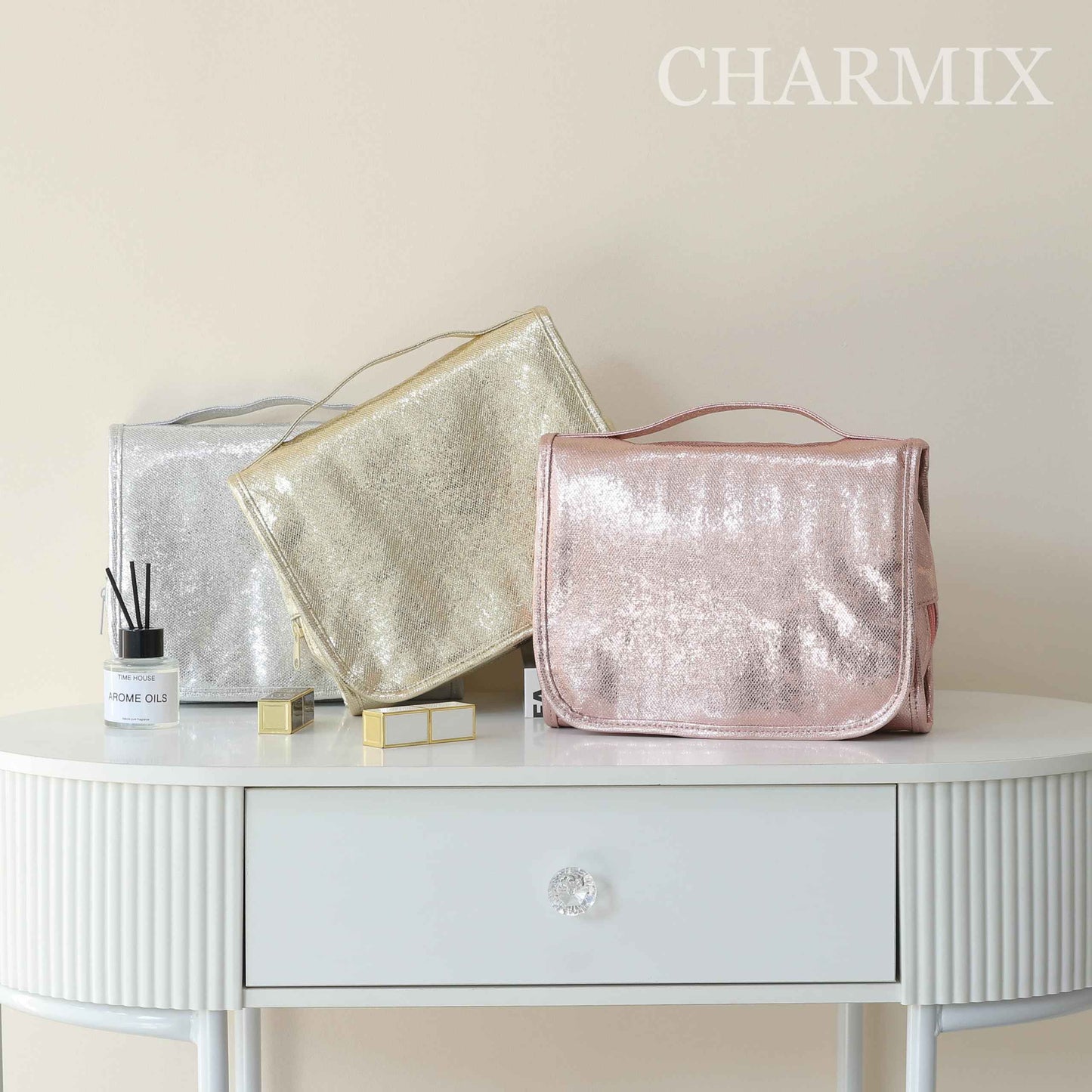 Charmix Travel Toiletry Bag for Women,Hanging Travel Toiletry Bag with Jewelry Organizer Compartment,Makeup Bag, Waterproof and Dirt Resistant, Travel Essentials,Bright Silver