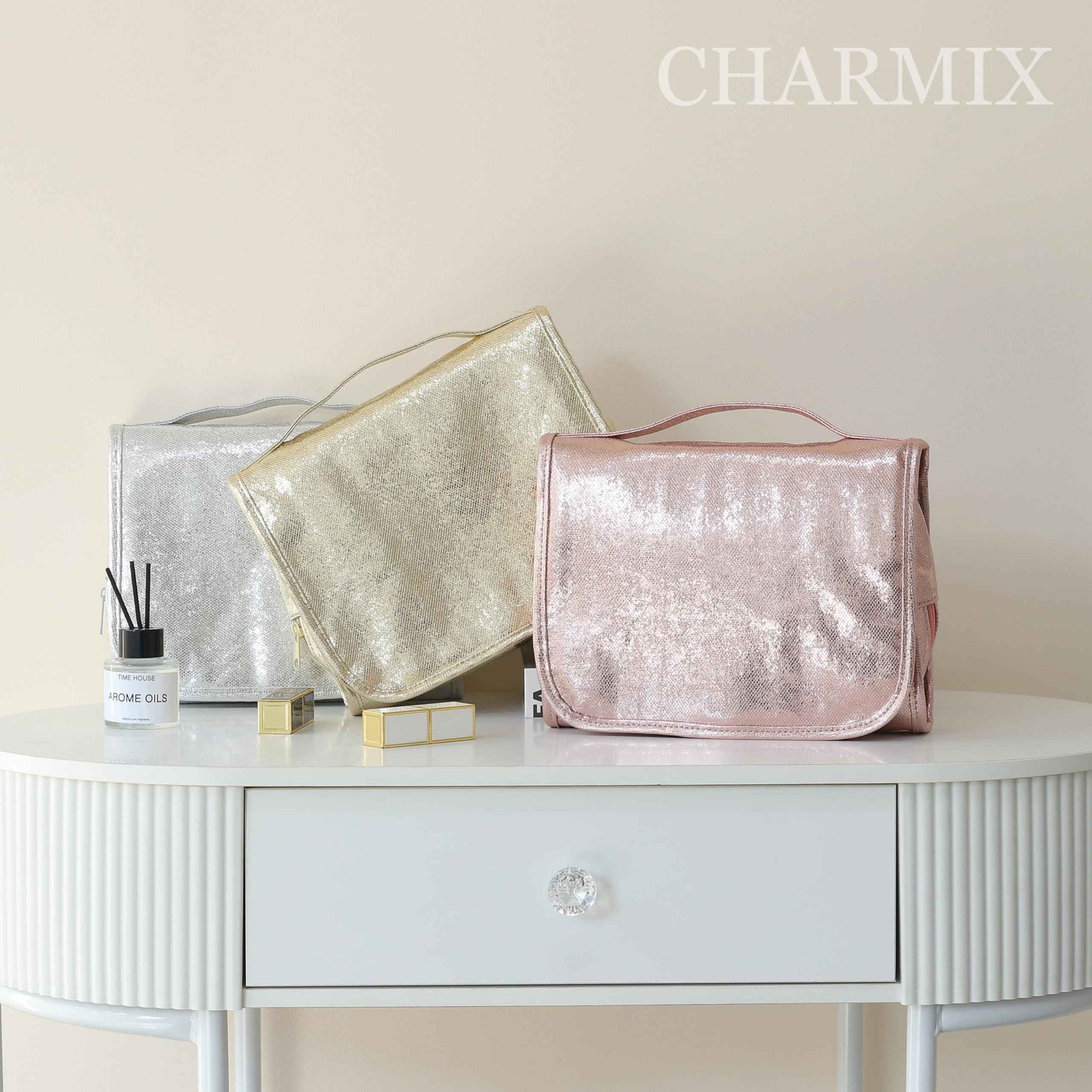 Charmix Travel Toiletry Bag for Women,Hanging Travel Toiletry Bag with Jewelry Organizer Compartment,Makeup Bag, Waterproof and Dirt Resistant, Travel Essentials,Bright Silver