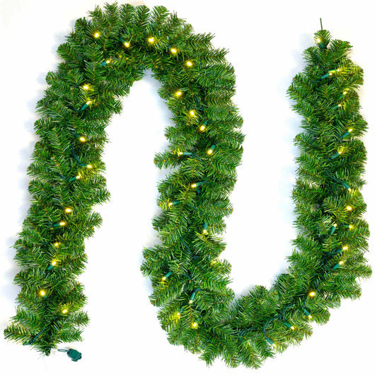 SWEET SHINE 9 Feet Christmas Garland with 50 Count Warm White Mini Lights, Artificial Green Pine Garland with LED String Lights (Warm White)