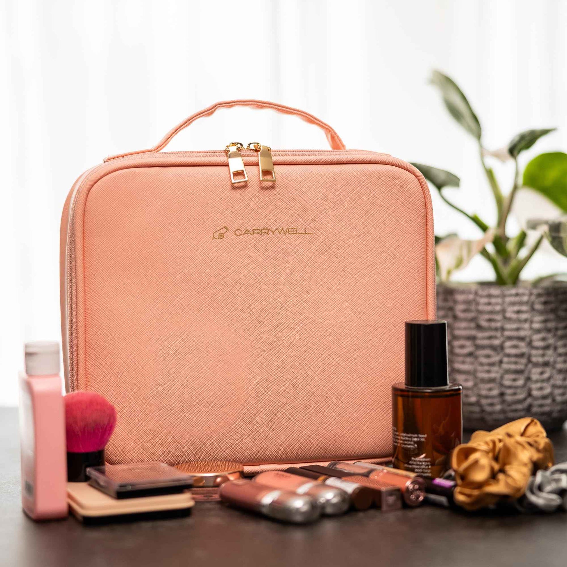 (Not Made In China) Makeup Bag Travel Case, Train Case for Cosmetics, Portable Beauty Organizer, Cosmetic Storage Bag With Adjustable Dividers For Make Up and Brushes