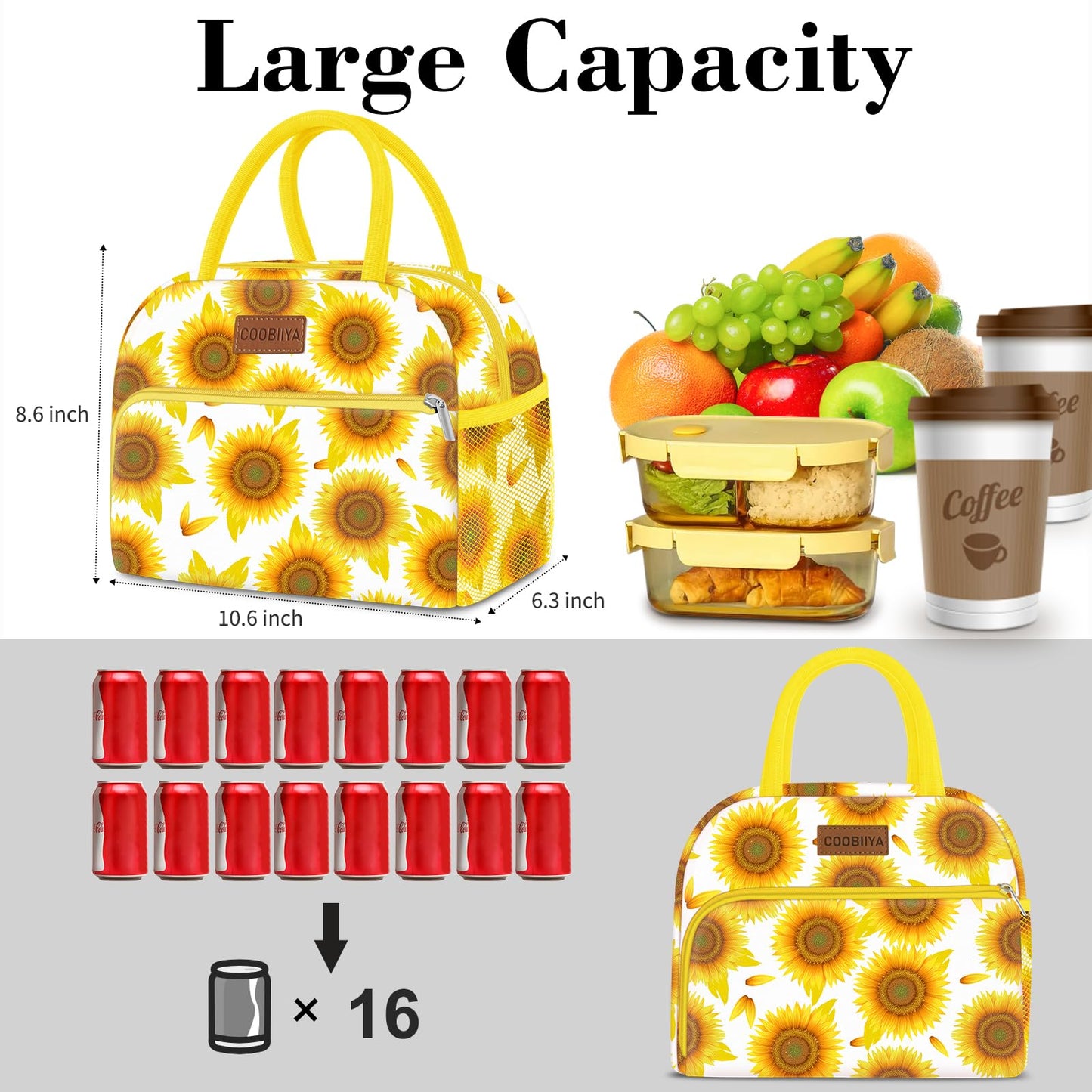 Coobiiya Lunch Bag Women, Lunch Box Lunch Bag for Women Adult Men, Small Leakproof Cute Lunch Tote Large Capacity Reusable Insulated Cooler Lunch Container for Work/Office/Picnic/Travel-Sun Flower