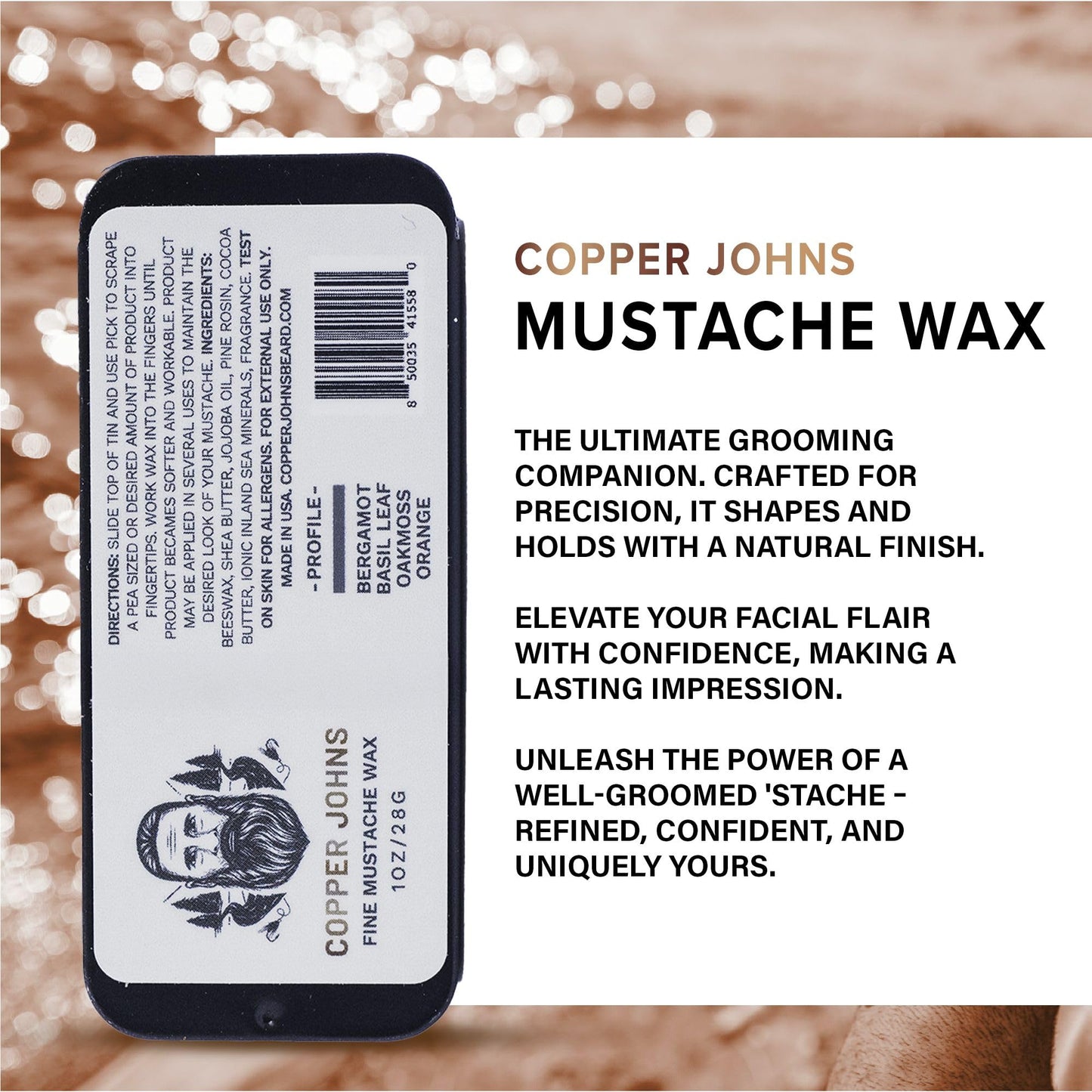 Copper Johns Mustache Wax | Promotes Clean & Well-Kept Mustache | Strong All-Day Hold | Beeswax, Jojoba Oil & Sea Minerals | On The Rocks | 1oz