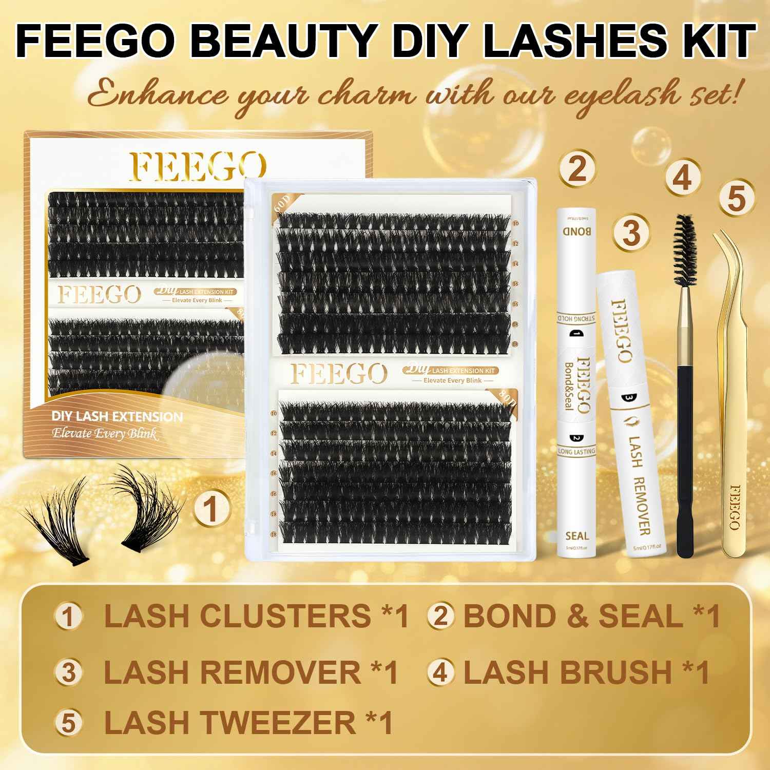 FEEGO Volume Lash Clusters Kit Eyelash Extensions Kit Lash Clusters DIY Lash 280pcs Individual Lashes Clusters 60D+80D D Curl Lashes, Double-headed mascara brush, Remover (6080D Charming Kit)