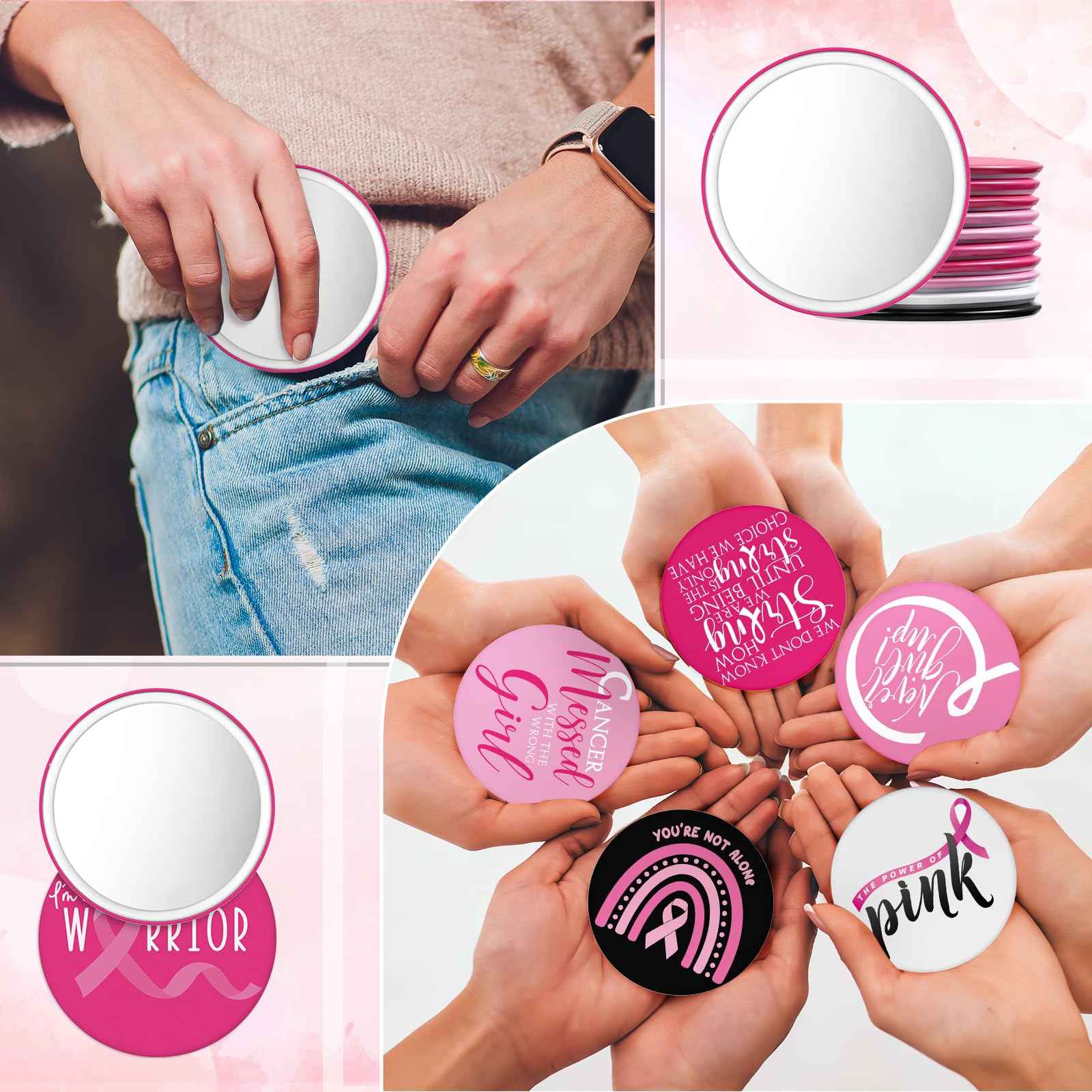 Wonderjune 200 Pcs Breast Cancer Awareness Gifts Pocket Mirror Bulk Portable Travel Mirrors Pink Ribbon Breast Survivor Compact Mirror for Charity Women Public School Events Supplies (Inspirational)
