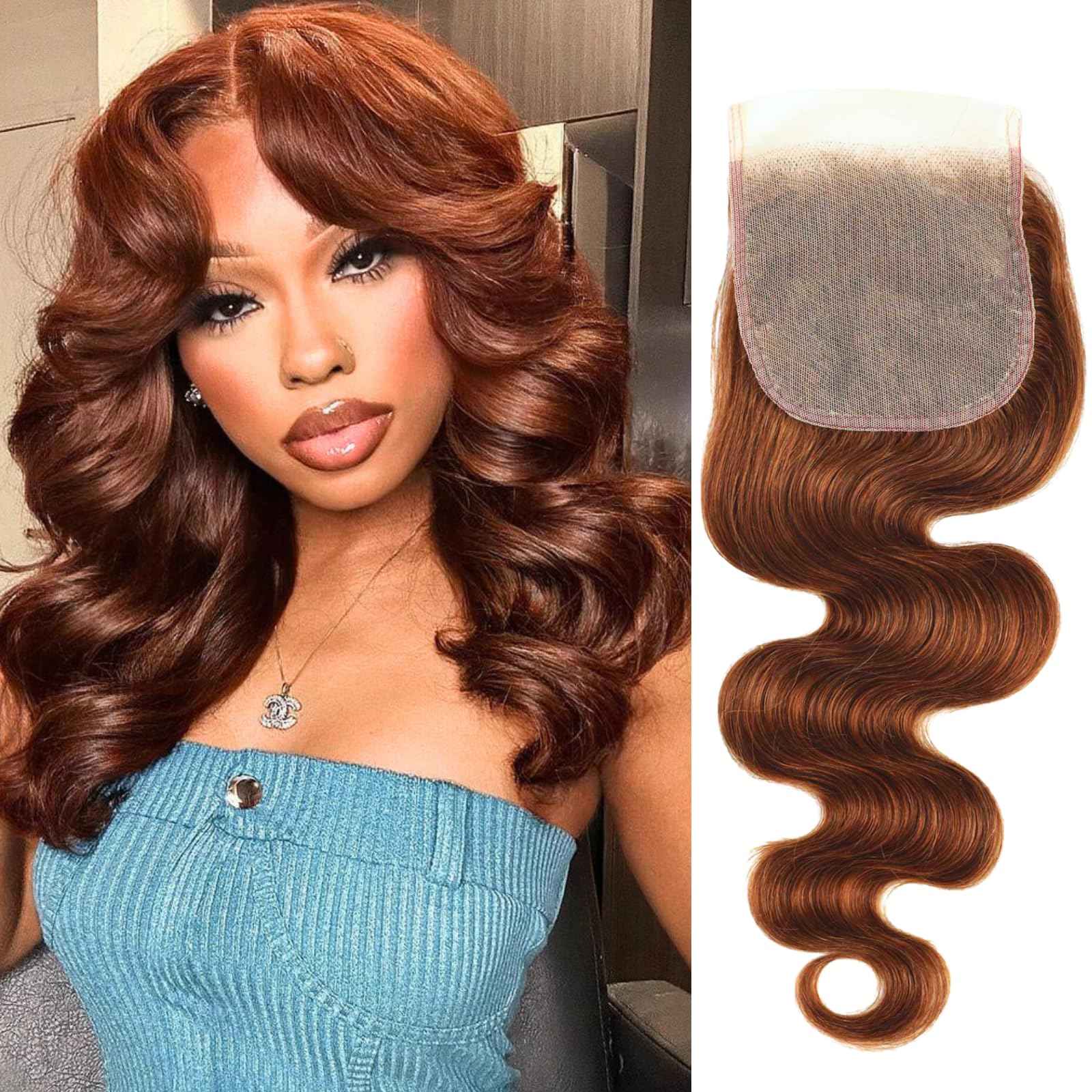 ALHER 33 Reddish Brown Body Wave 4x4 Lace Closure, 12A Copper Brown Colored 4X4 HD Lace Closure Free Part Pre Plucked with Baby Hair, 100% Virgin Remy Human Hair for Black Women 150% Density 10 Inch