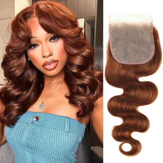ALHER 33 Reddish Brown Body Wave 4x4 Lace Closure, 12A Copper Brown Colored 4X4 HD Lace Closure Free Part Pre Plucked with Baby Hair, 100% Virgin Remy Human Hair for Black Women 150% Density 10 Inch