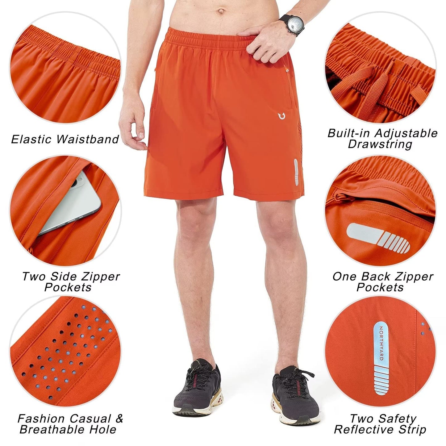 NORTHYARD Men's Athletic Running Shorts Quick Dry Workout Shorts 7"/ 5"/ 9" Lightweight Sports Gym Basketball Shorts Hiking Exercise Orange S