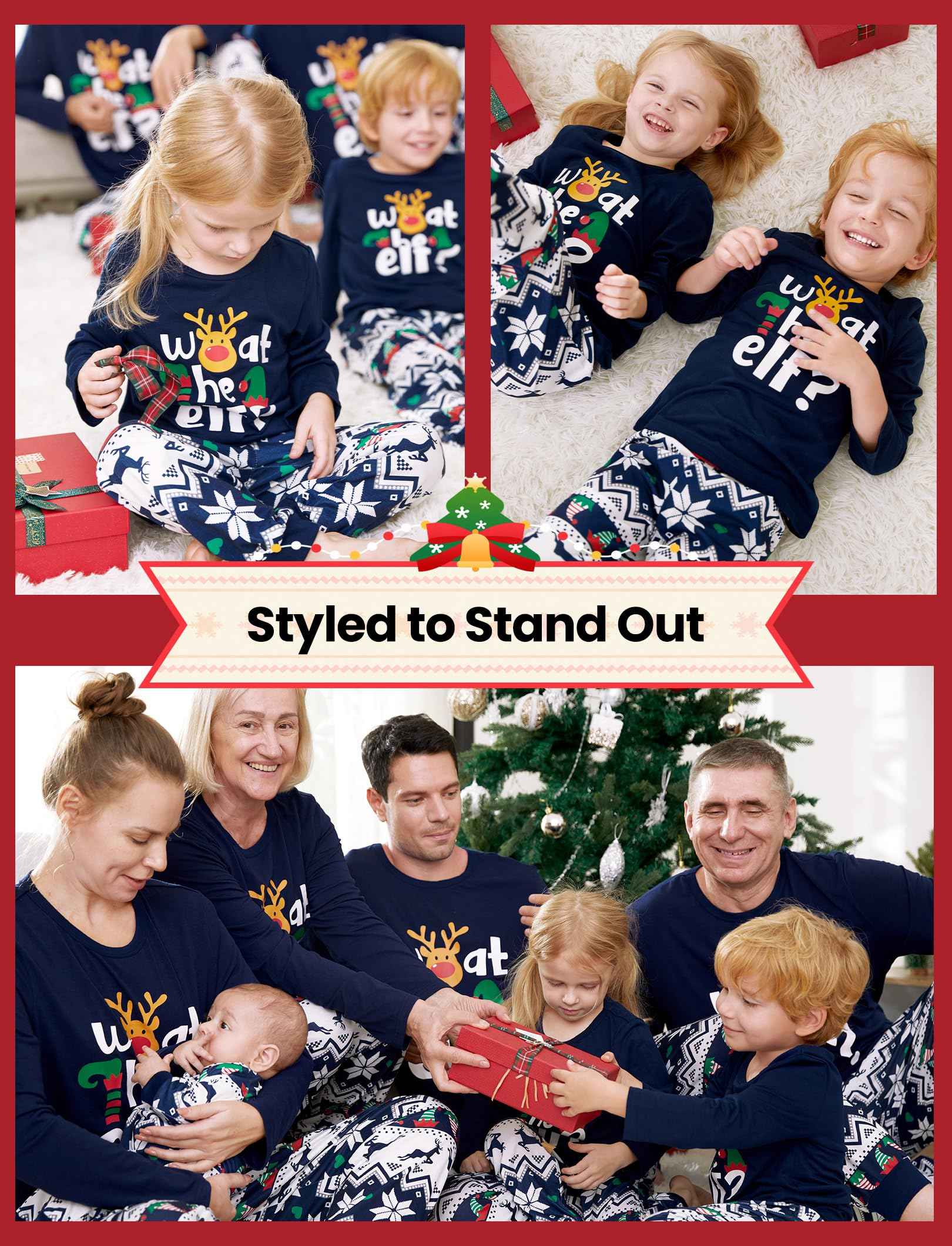 PATPAT Family Christmas Pajamas Matching Sets Funny “What the Elf” PJs Blue Holiday Sleepwear, Christmas Pajamas for Family with Baby, Kids, Adults, Couples including Socks