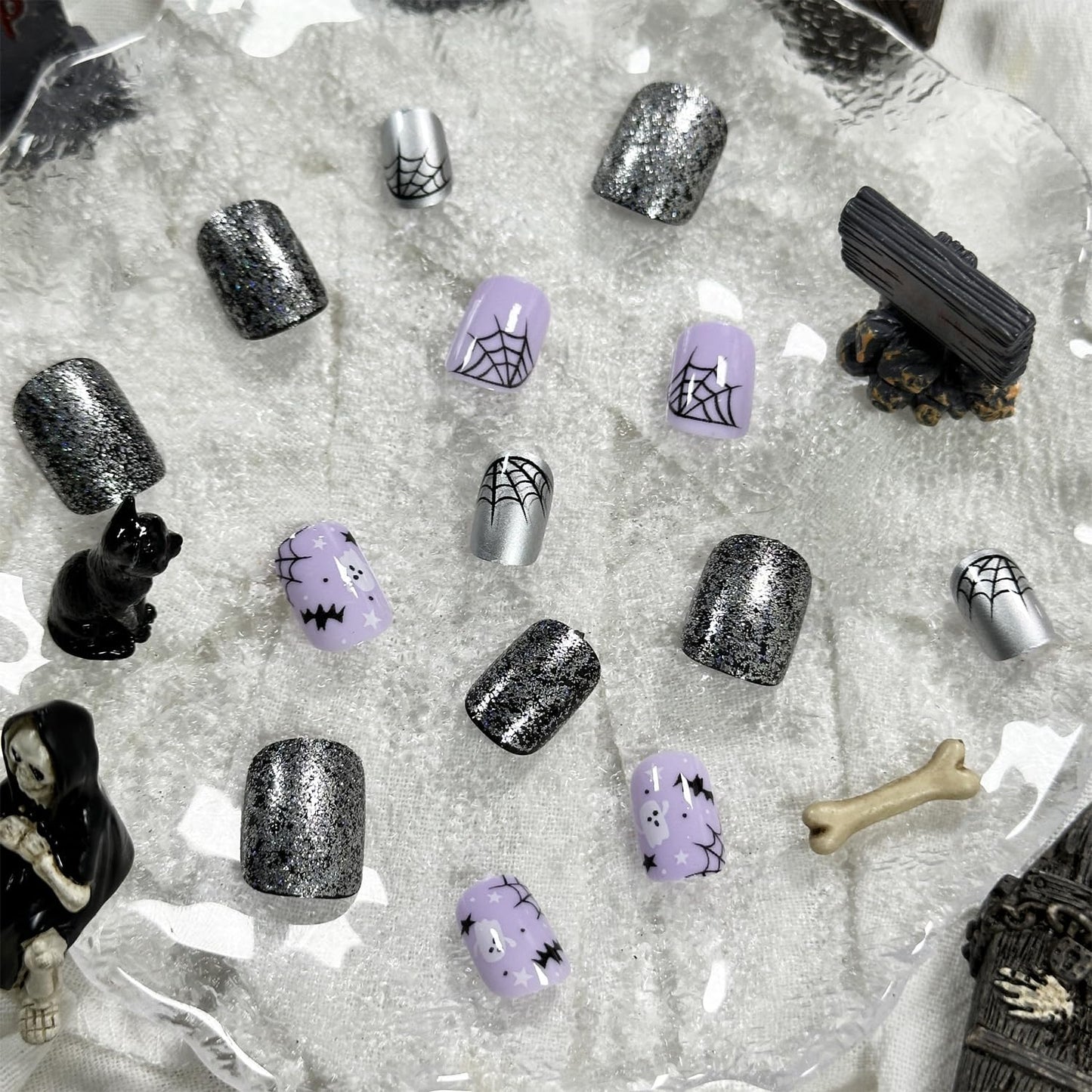 Halloween Purple Press on Nails Short Square Fake Nails with Black Glitter Design Halloween Glue on Nails Full Cover Halloween Nails Stick on Nails for Women Halloween Nail Art Decoration 24Pcs