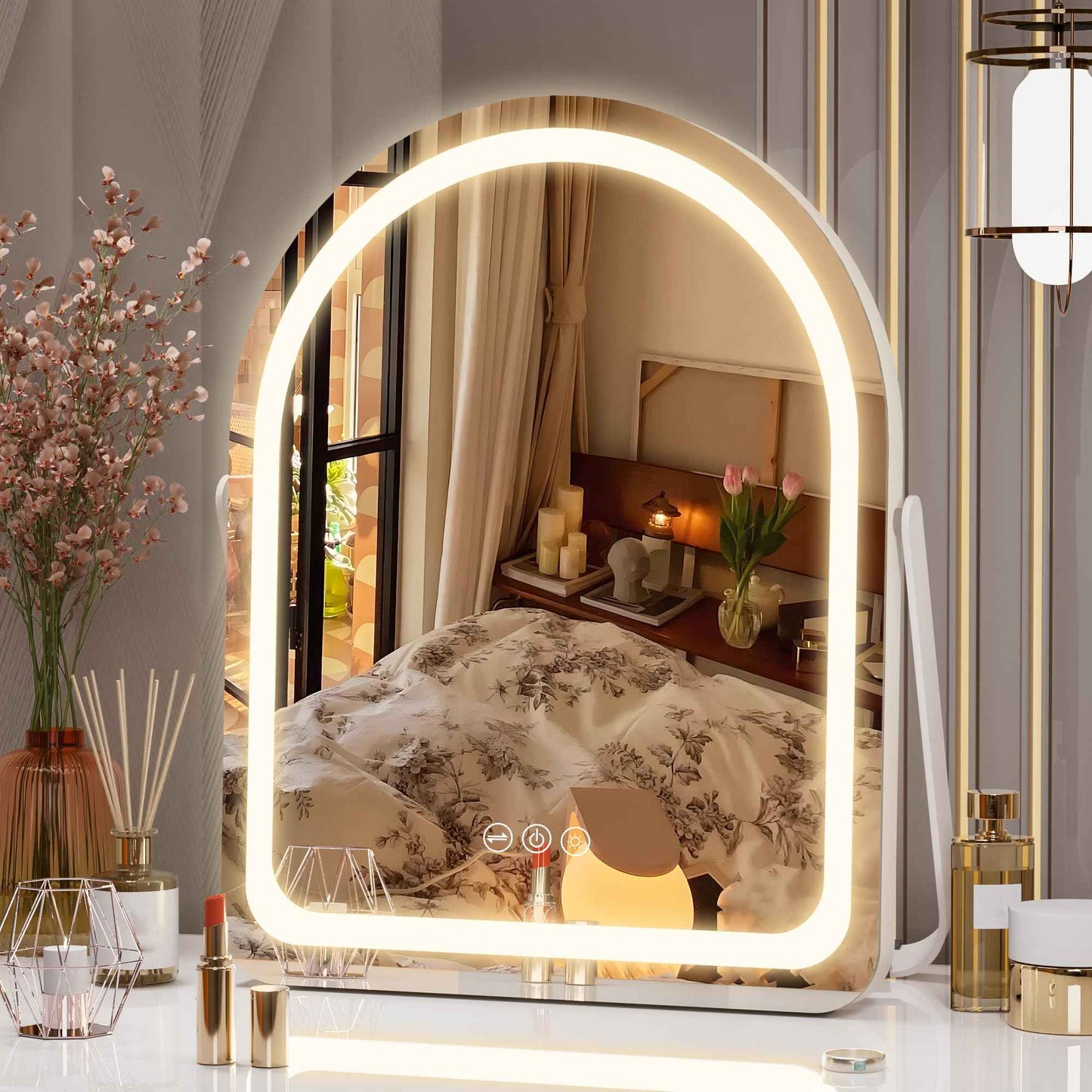 Hasipu Vanity Mirror with Lights, 11"× 14" Arched LED Makeup Mirror, Lighted Makeup Mirror with Lights, Smart Touch Control Dimmable 3 Modes Light 360°Rotation White