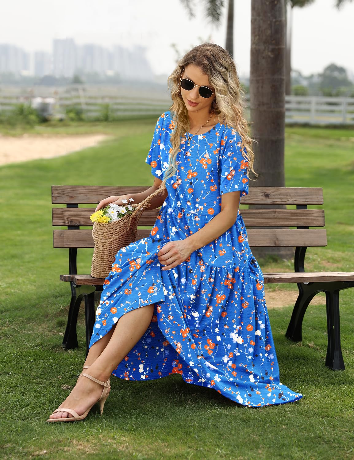 YESNO Women Casual Loose Bohemian Floral Dress with Pockets Short Sleeve Long Maxi Summer Beach Swing Dress S EJF CR414