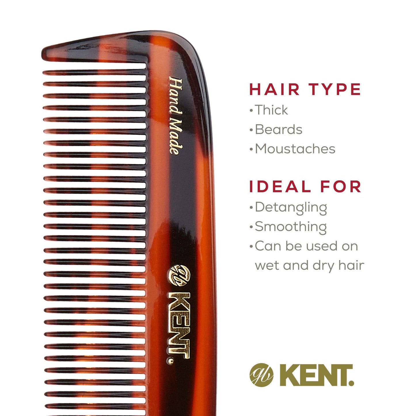 Kent 12T Wide-Tooth Detangling Comb - Handmade Pocket Comb for Thick, Curly, Wavy Hair - Large Saw-Cut and Hand-Polished Grooming Comb for Hair, Beard, and Mustache