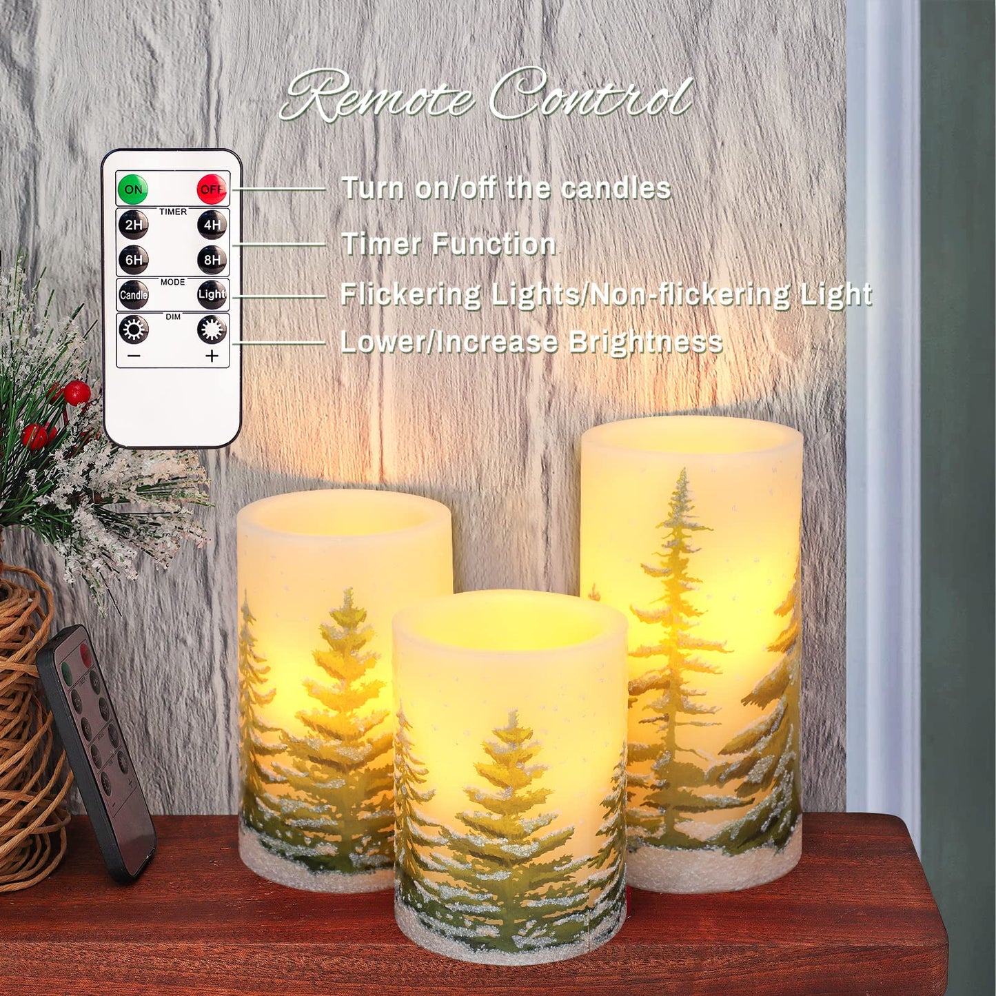 REVELBUNNY Christmas Tree Flameless Candles, Battery Operated LED Pillar Candles with Remote Control and Timer, Real Wax Electric Candles for Xmas Holiday Party Home Decoration, Set of 3