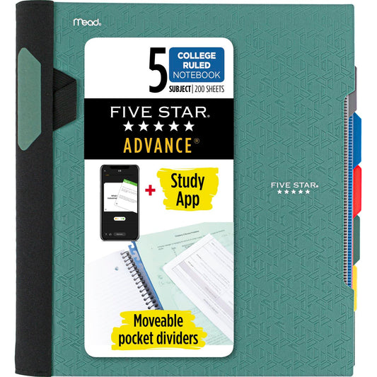 Five Star Spiral Notebook + Study App, 5 Subject, College Ruled Paper, Advance Notebook with Spiral Guard, Movable Tabbed Dividers and Expanding Pockets, 8-1/2" x 11", 200 Sheets, Green (73148)